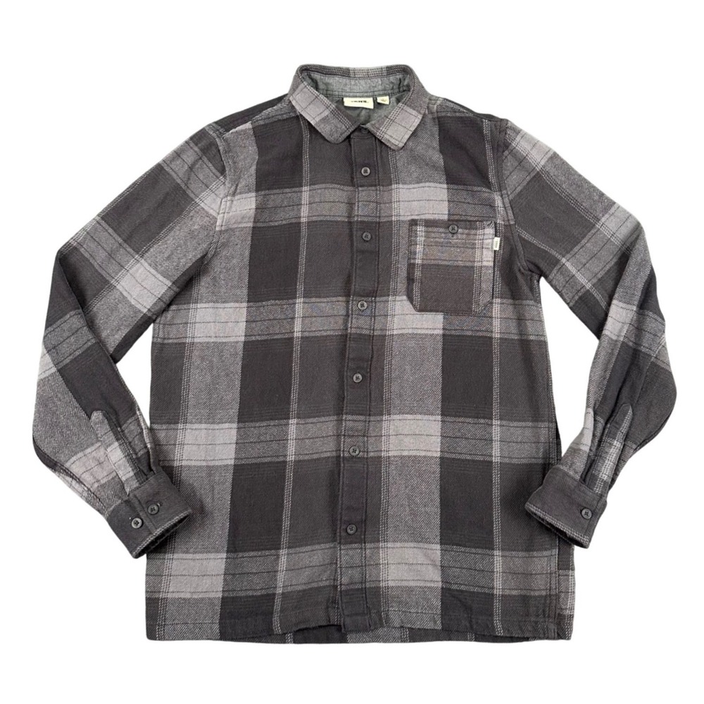 Vans Flannel Shirt Mens Small Charcoal Gray Plaid Long Sleeve Button Up Skater
